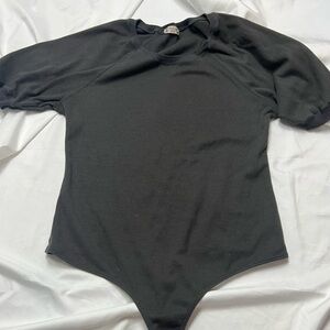 Free People Black Ribbed Short-Sleeve Bodysuit
